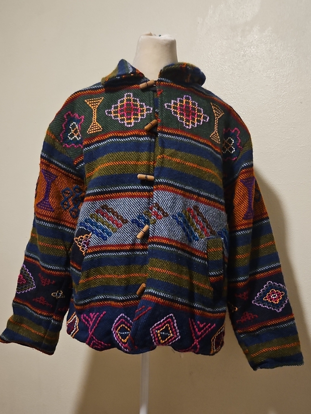 Nepal 100% Wool Hooded Ethnic Pattern Toggle Jacket - Multicolor Large?